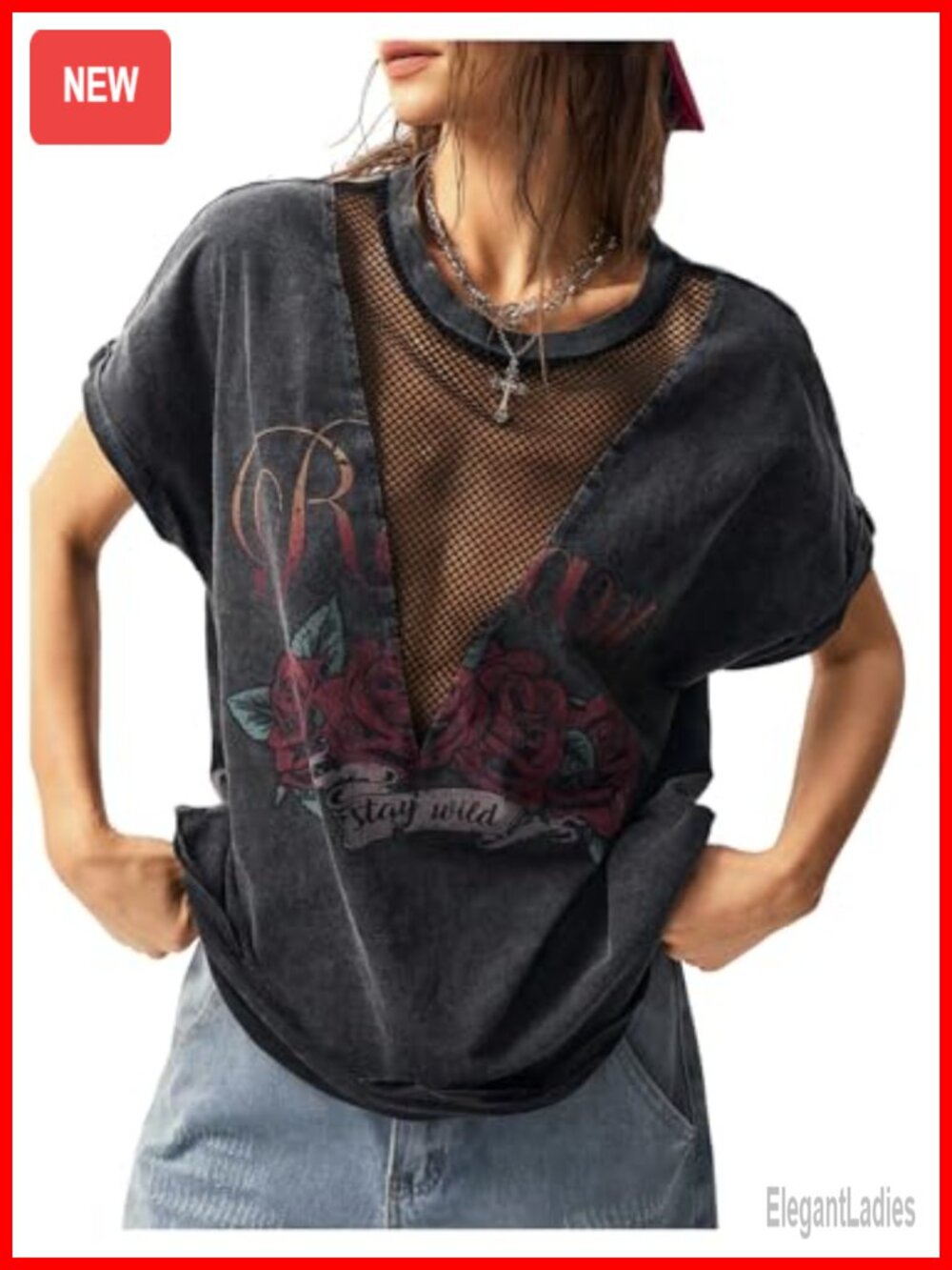Women's Vintage Graphic Mesh Sheer Short Sleeve Tee Y2K Streetwear Top
